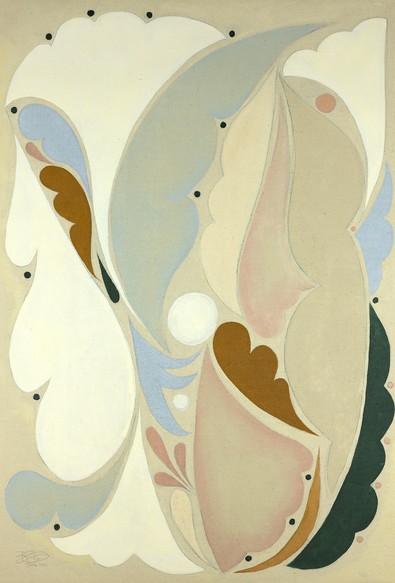 Boramie Ann Sao's painting "A Dark Night of the Soul, Pt. 1 (Lightness)." Made in oil on linen, it's vertically oriented and abstract, with a cream-colored background and various neutral-colored biomorphic shapes that call to mind leaves and other parts of plants nestled together around a white circle in the middle.