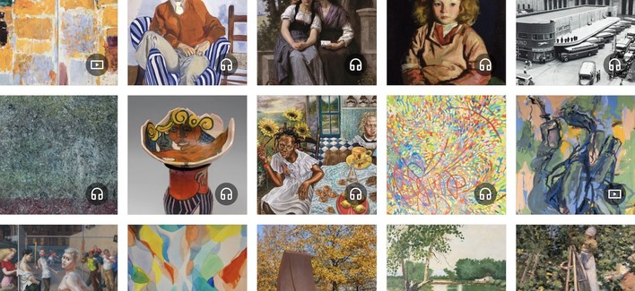 A screenshot of part of the Bloomberg Connects app, showing three rows of square thumbnails of works in the museum's collection, each with a little headphone icon in the bottom right corner, indicating audio content.