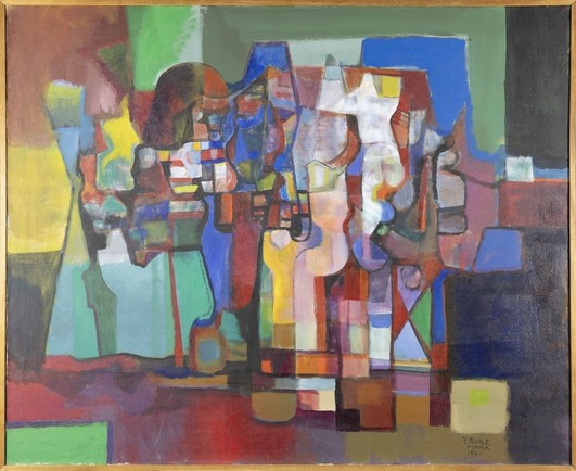 A colorful geometric abstract painting by Brazilian architect Robert Burle Marx, with a background of soft rectangular color blocks and a foreground of many different shapes in many different colors and sizes.