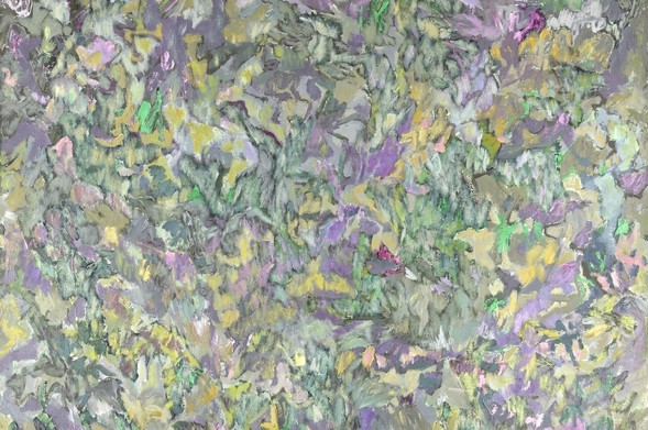 A detail of Eleanor Himmelfarb's painting "On the Fourth Day." This abstract painting in the collection of the Georgia Museum of Art fills the whole canvas with layered brushstrokes in greens, yellows, and pale purples. The result looks like a close-up of a butterfly's wing or a flowerbed.