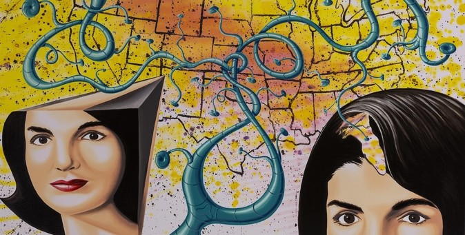 A detail of Kenny Sharf's "The 3 Faces of Jackie the American" shows a map of the United States with two portraits of Jackie Kennedy, each only showing part of her face. Greenish-blue tentacle-like things stretch across the page.